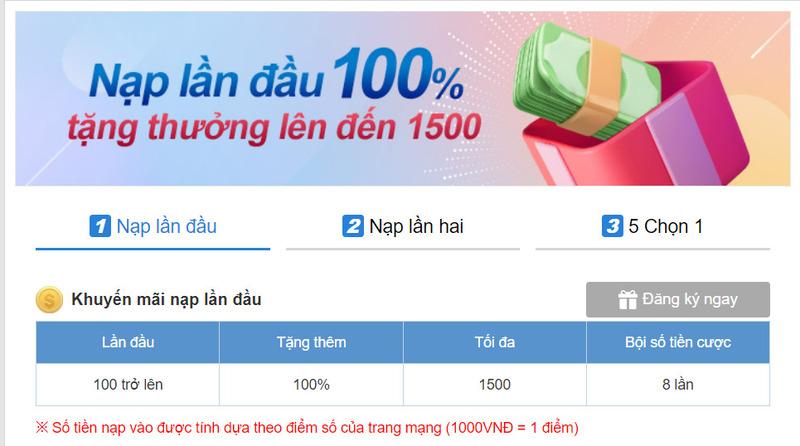 Nạp tiền lần đầu nhận ngay 100% giá trị nạp